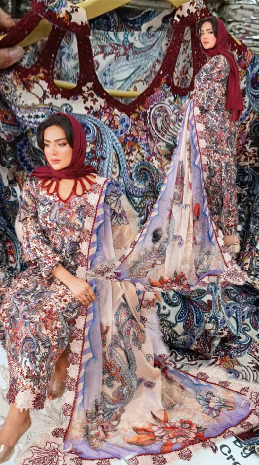 Unstitch 3pc Chandni R.prints lawn