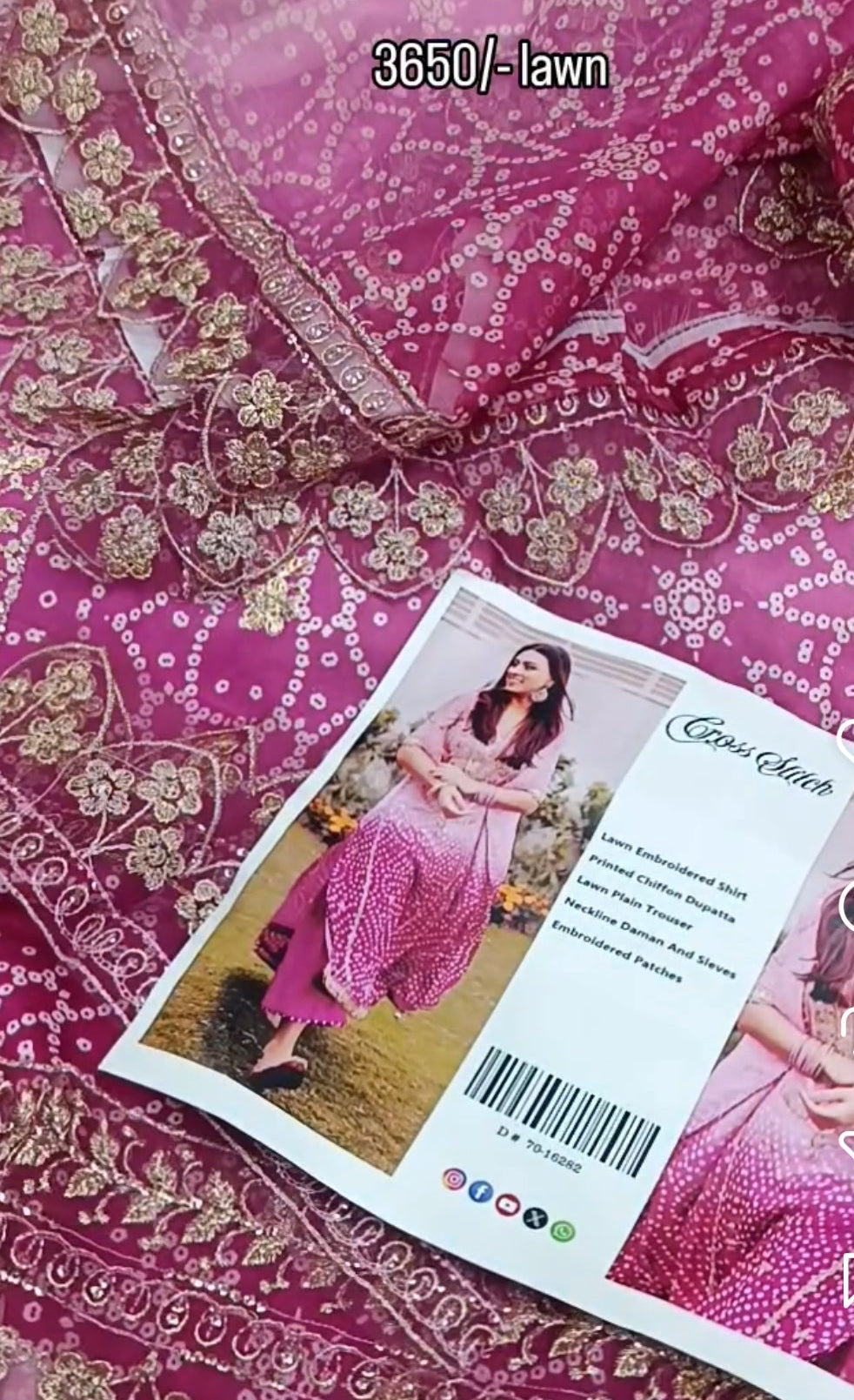 3pc double toned  chunri pink lawn