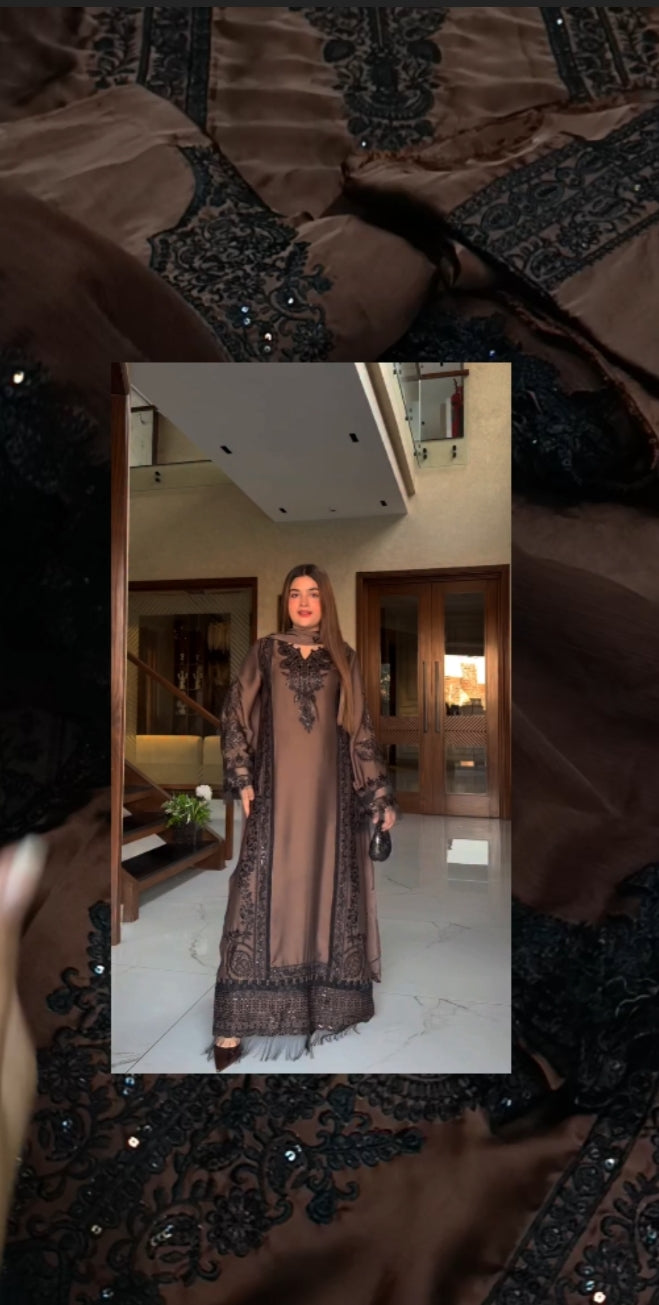 3pc Zahra shehryar brown silk