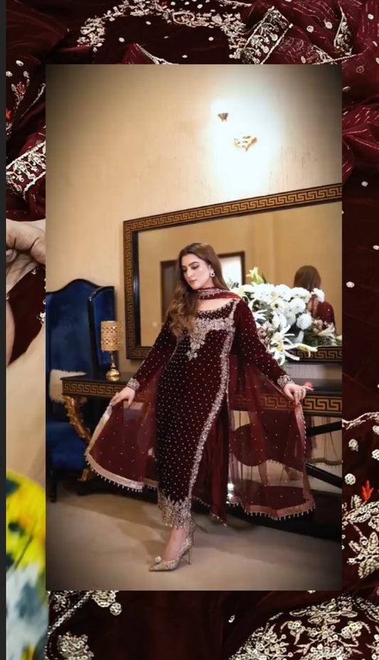 3pc Poshkarii Aneelas mehroon velvet