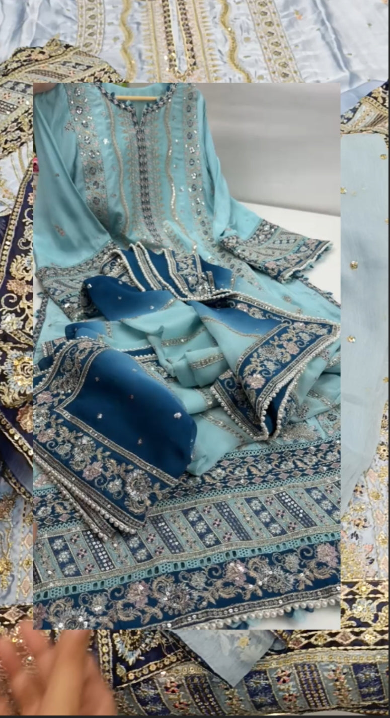 3pc Zarina sky blue silk