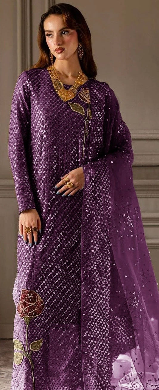 Nureh Replica Chiffon Dress – Heavy Sequin Shirt, Organza Dupatta & Silk Trouser PURPLE