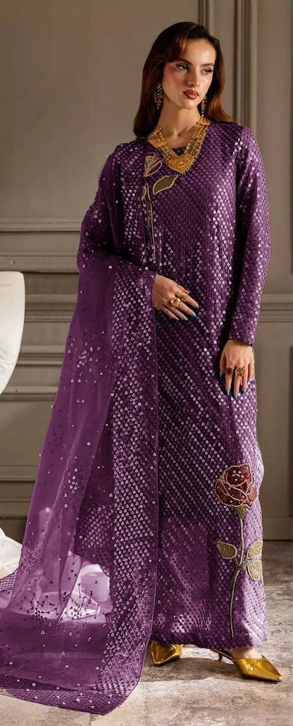 Nureh Replica Chiffon Dress – Heavy Sequin Shirt, Organza Dupatta & Silk Trouser PURPLE