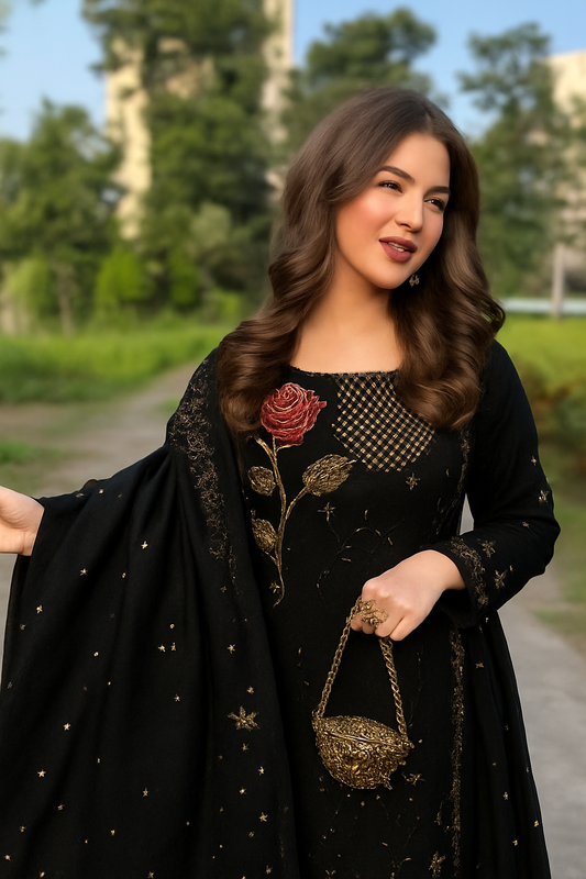 Nureh Inspired Heavily Sequined Chiffon Dress | Silk Trouser & Organza Dupatta BLACK