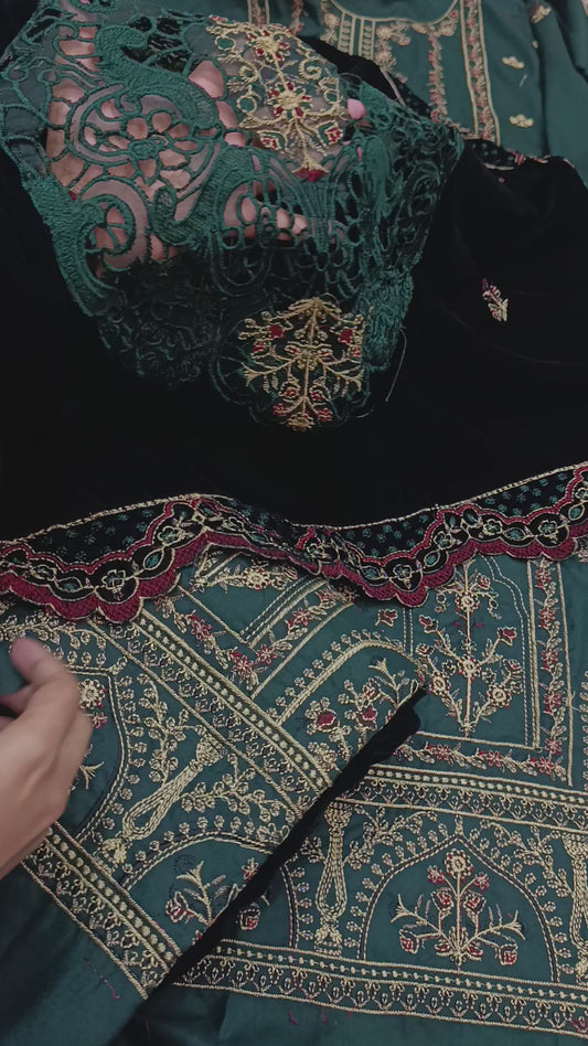 3pc Dhanak with 9000 micro valvet shawl Andaz green black