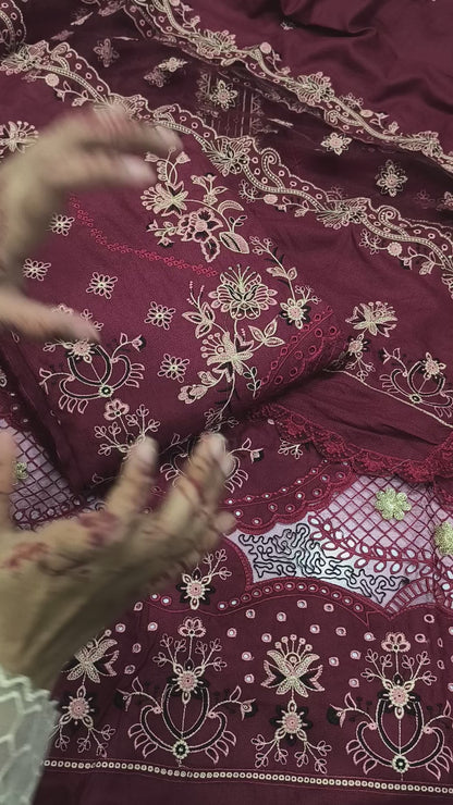 3-Piece Dhanak Winter Suit – Heavy Embroidered Shawl, Laser Cutwork Shirt & Trouser MAROON TULIP
