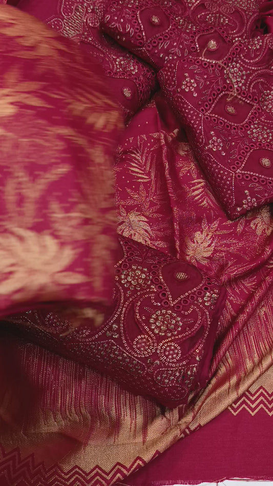 3pc Dhanak with kanni shawl Maroon