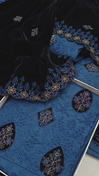 3pc Dhanak with valvet shawl zink black