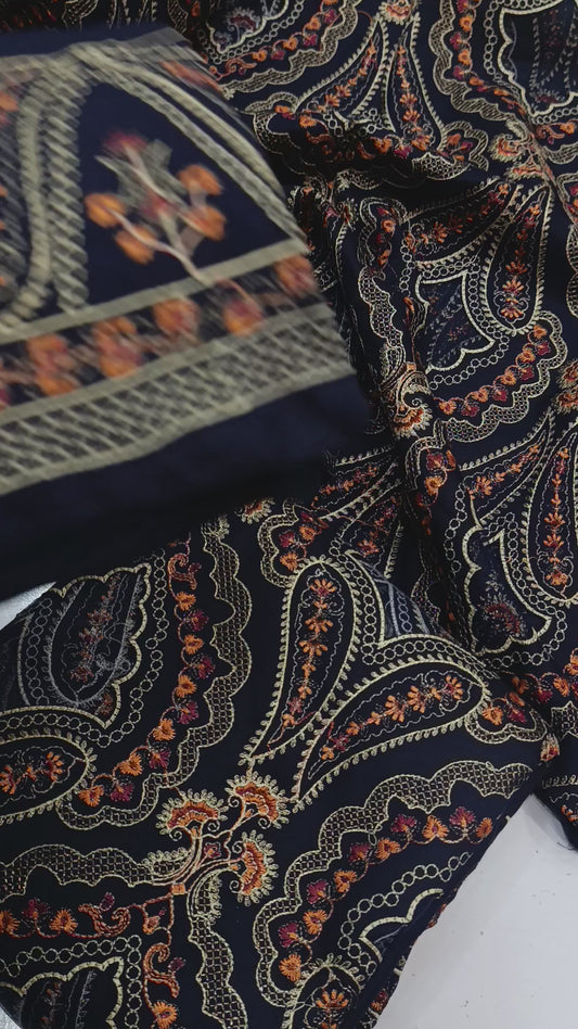 3PC LAZERKARI SHAWL SET DHANAK NAVY BLUE TREE