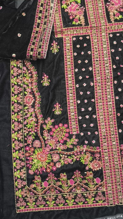Aneel’s Luxury Velvet Suit – Heavy Embroidered Formal Wear BLACK