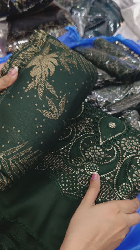 3pc Dhanak with Kanni shawl Green
