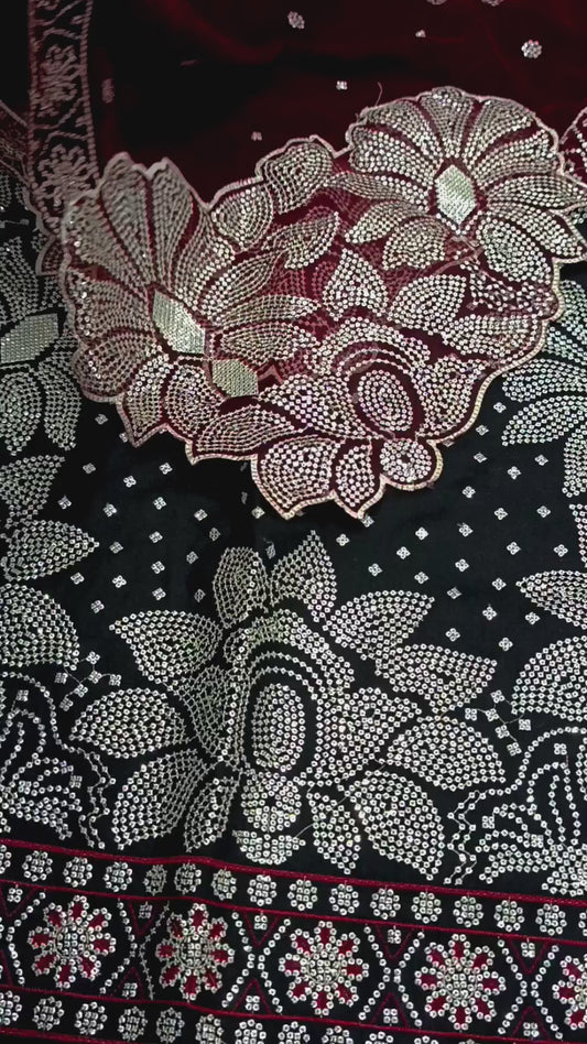 3pc Dhanak with 9000 valvet shawl sitaraa black maroon