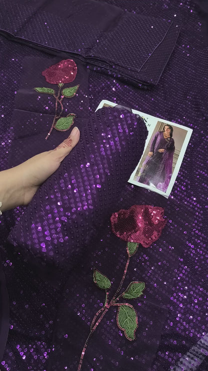 Nureh Replica Chiffon Dress – Heavy Sequin Shirt, Organza Dupatta & Silk Trouser PURPLE