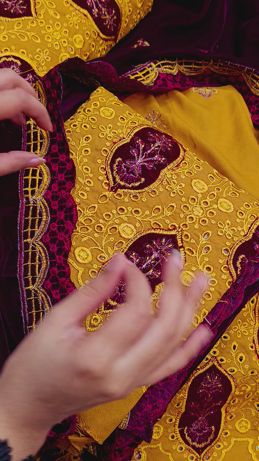 3pc Dhanak with 9000 micro valvet shawl Maroon mustard