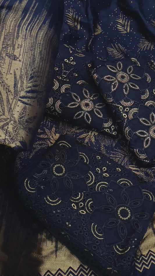 3pc Dhanak lazerkari with kanni shawl navy blue