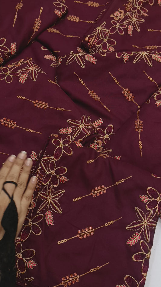2pc dhanak heavy embroidry 3 laari MAROON