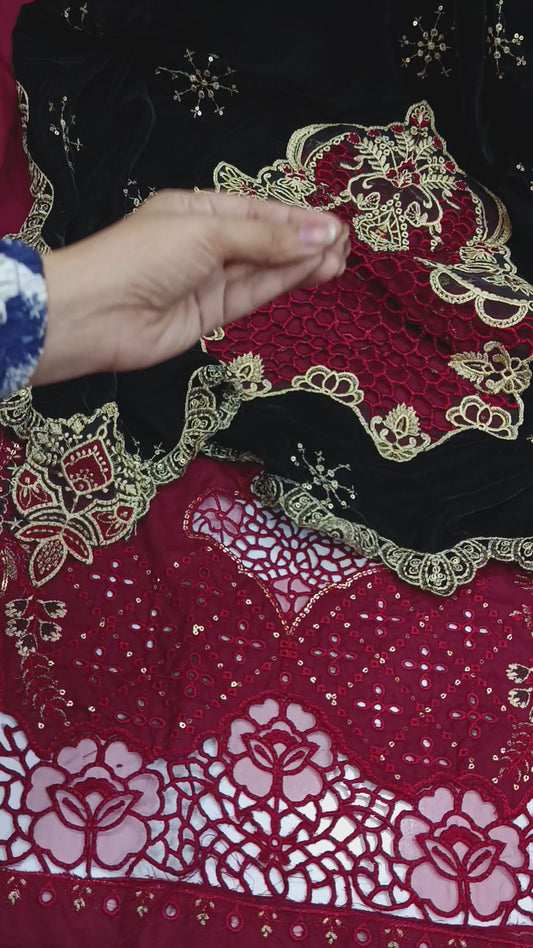 3pc Dhanak with 9000 micro valvet shawl Andaz maroon black