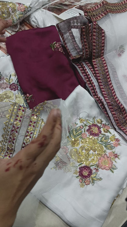 WHITE 3PC ETHNIC WHITE MAROON SILK
