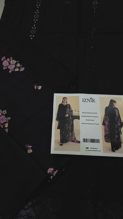 Iznik Inspired 3PC Chikankari Embroidered Dhanak Suit BLACK