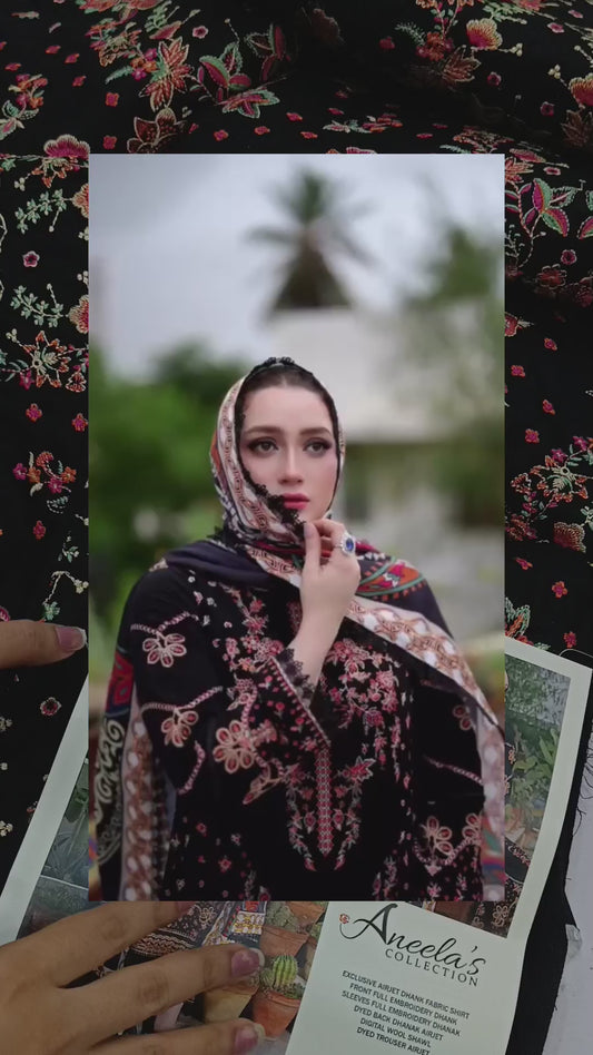3pc Dhanak with wool shwal aneelas Momina black