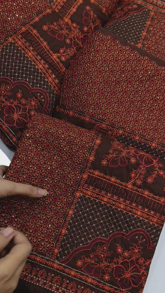 3pc Dhanak Heavy embroidery zarqaskh rust brown