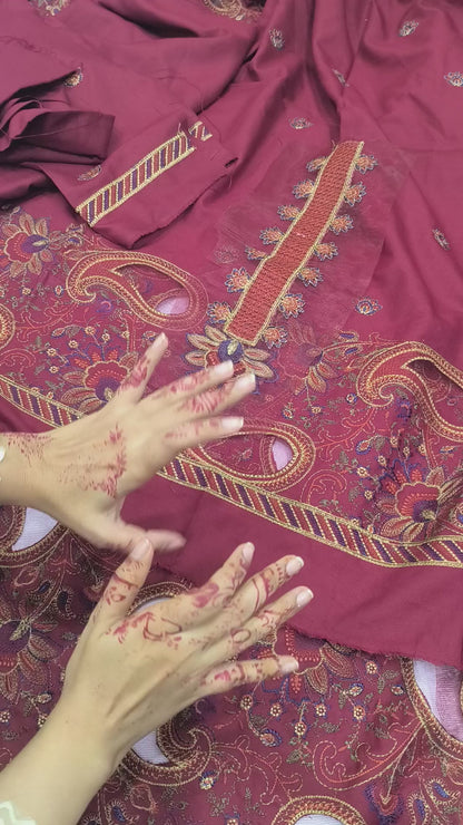 3-Piece Dhanak Winter Suit – Heavy Embroidered Shawl, Laser Cutwork Shirt & Trouser MANGO MAROON