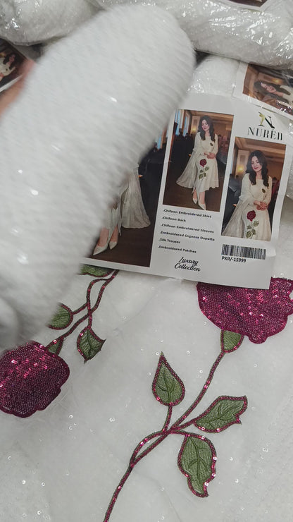 3PC FANCY CHIFFON SEQUENCE WORK NUREH WHITE