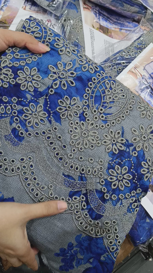 3pc printed dhanak iznik Blue grey