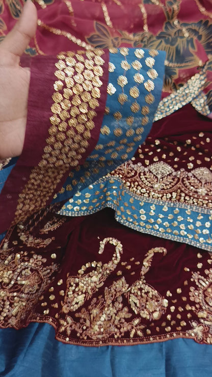 3pc Valvet jazmin with heavy embellished silk dupatta Maroon