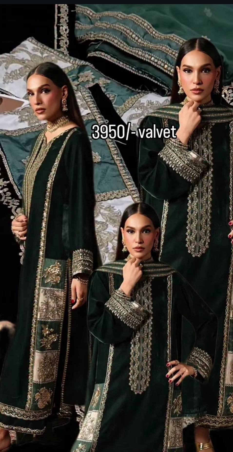 3pc Signora foil velvet green